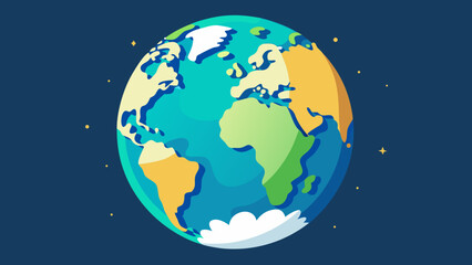 Naklejka premium Stylized earth globe floating in a dark starry sky continents and oceans with simple shapes and colors planet earth universe astronomy celestial illustration representation continents