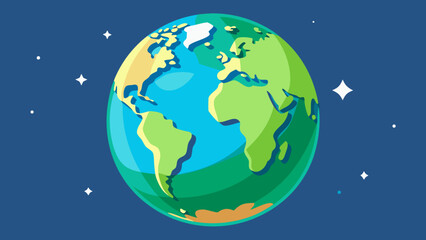 Fototapeta premium Cartoonish earth globe in space with twinkling stars and a dark blue background green and blue continents planet earth universe astronomy celestial illustration representation