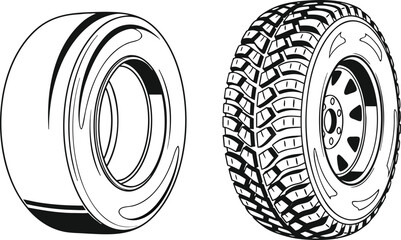 Black and white vector illustration of smooth racing slick tire next to rugged offroad truck wheel with deep treadBlack and white vector illustration of smooth racing slick tire next to rugged offroad © Snowar