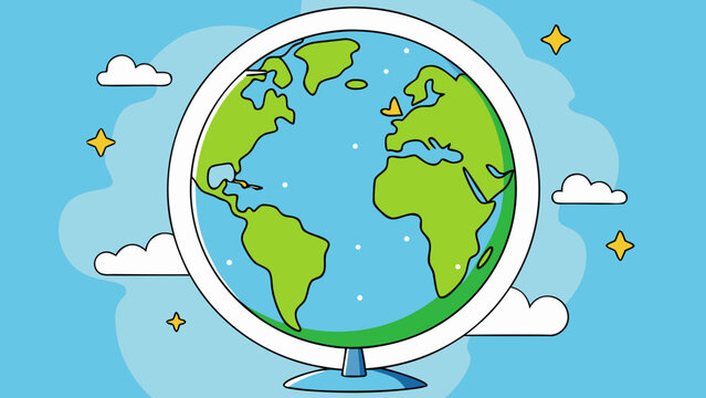 Cartoon-style globe with continents clouds stars on a blue sky background illustration stylized abstract children education geography representation whimsical