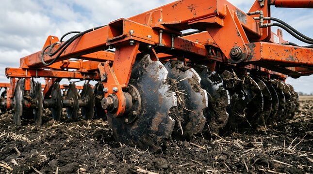 Agricultural disc harrow for soil cultivation, heavy duty orange farm machinery on tilled field, industrial tractor attachment for plowing and seeding preparation