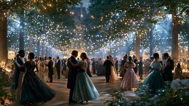 Elegant guests dancing at an open air summer ball in Paris Tuileries Garden with illuminated trees and festive Bastille Day mood