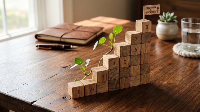 Wooden Block Staircase with Plant Sprouts and Goal Achievement Flag on Desk