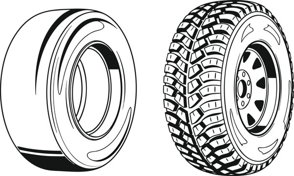 Black and white vector illustration of smooth racing slick tire next to rugged offroad truck wheel with deep treadBlack and white vector illustration of smooth racing slick tire next to rugged offroad