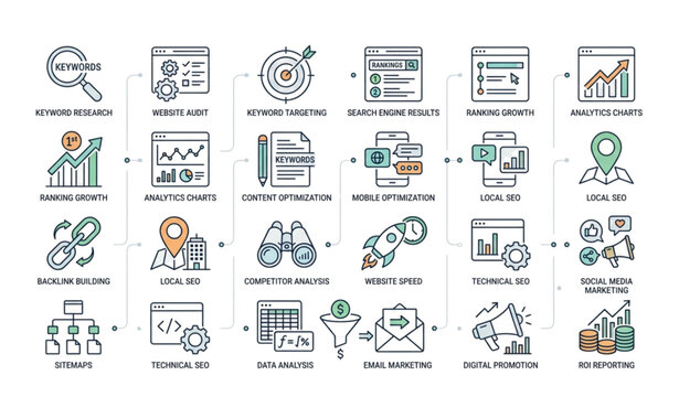 Search engine optimization outline icon collection with SEO analytics marketing and editable stroke symbols in minimal vector style on white background