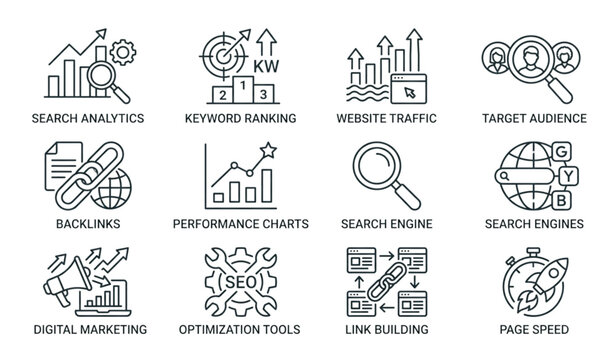 SEO search engine optimization thin line icon set with editable stroke search marketing and analytics symbols isolated on white background
