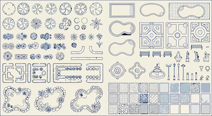 Landscape design elements set, top view collection of trees, shrubs, swimming pools, garden furniture, fountains, paving patterns and textures © SampaRani