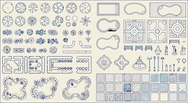 Landscape design elements set, top view collection of trees, shrubs, swimming pools, garden furniture, fountains, paving patterns and textures