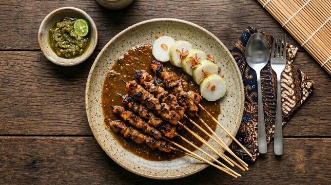 An overhead flat lay of traditional Indonesian chicken satay skewers and sliced lontong rice cakes topped with fried shallots, served with green chili sambal on a rustic wooden table.