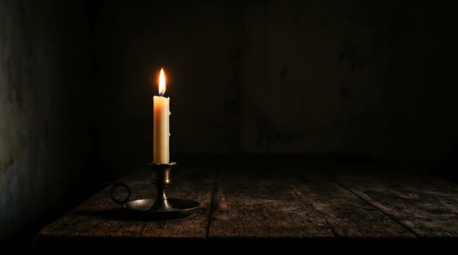 Single Burning Candle on Rustic Wooden Table in Dark Room, Hope Faith Remembrance Spirituality and Solitude Concept, Minimalist Light in Darkness Background with Copy Space