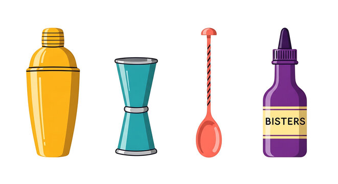 A colorful vector illustration of cocktail bar tools including a shaker, jigger, spoon, and bitters bottle.