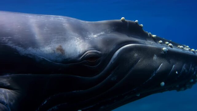 Gentle Giant Migrating Beneath Surface. Humpback Whale With Barnacles Moves Gracefully Underwater