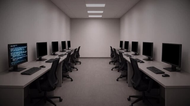 Sterile looking office lined with computers
