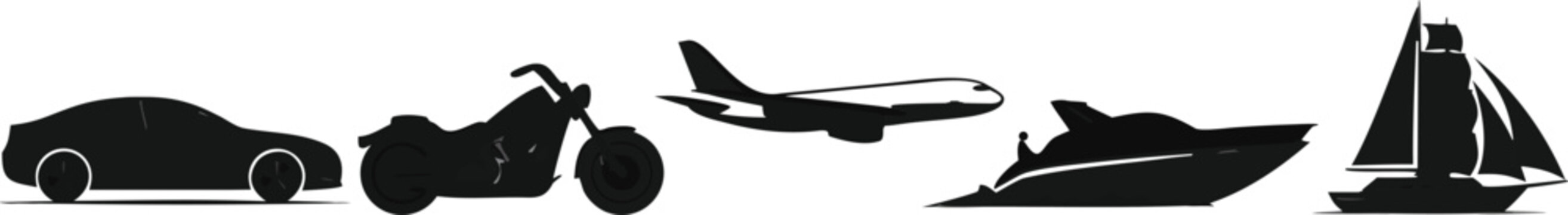 Transportation silhouette vector collection featuring car motorcycle airplane speedboat and sailing yacht travel vehicle iconsTransportation silhouette vector collection featuring car motorcycle airpl