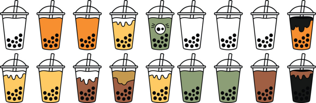 Bubble Tea and Boba Milk Tea Plastic Cup Vector Icon Set for Cafe Menu, Summer Drinks, and Asian Beverage Graphic Designs