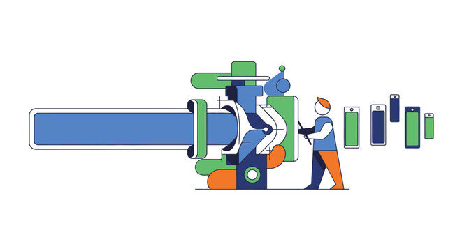 Abstract Flat Illustration of Tech Specialist Managing a Digital Production Line and Data Pipeline for Mobile Apps and Smartphone Development