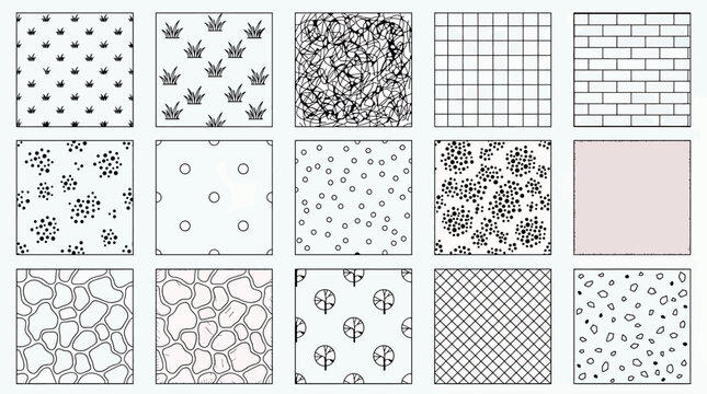 Set of seamless patterns with various textures including grass, bricks, circles, trees, and geometric shapes