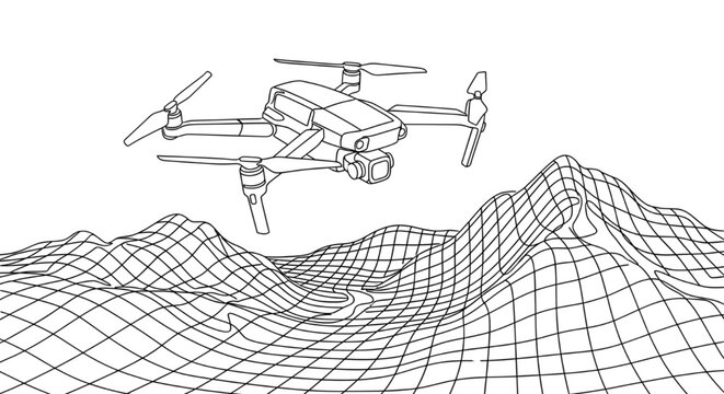 Drone flying over wireframe topographic, A line art illustration of a quadcopter drone flying over a 3D wireframe topographic landscape, representing digital elevation modeling and aerial surveying. 