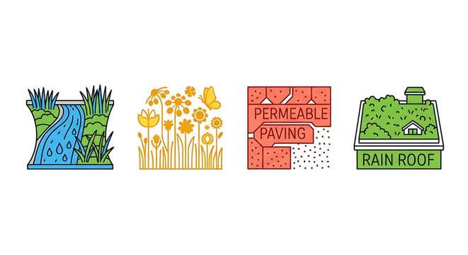 A set of colorful vector icons illustrating eco-friendly urban design concepts including permeable paving, rain roof, and green infrastructure