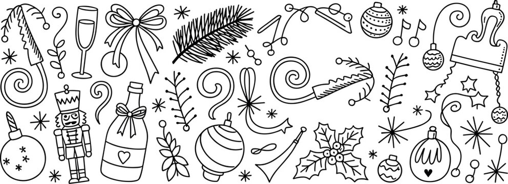 Hand drawn collection of christmas and new year celebration featuring a nutcracker champagne bottle ornaments holly leaves pine branches party blowers ribbons stars and musical notes