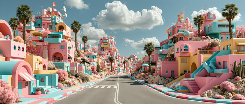 Minimal pastel city with geometric modern architecture, soft pink yellow blue buildings, empty streets, dreamy sunlight, clean shadows