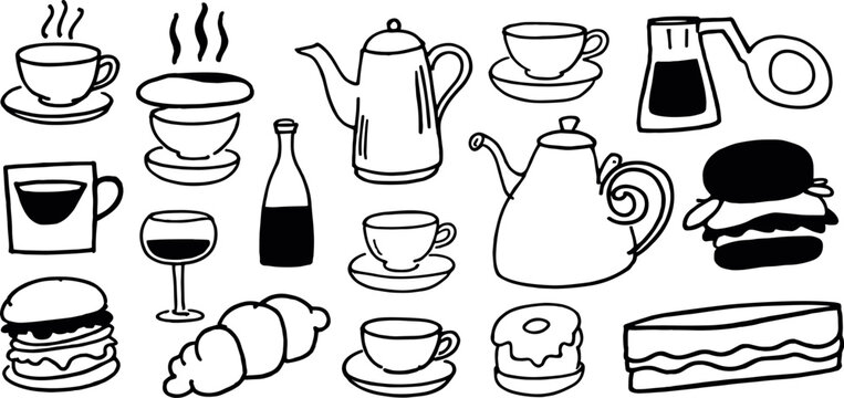 Hand drawn doodle set featuring various tea cups teapots coffee pots wine glass burger croissant donut and sandwich isolated on a white background in a simple black and white line style