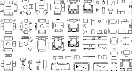 Obraz premium Set of furniture icons for interior design, top view, including sofas, beds, tables, chairs, kitchen units, bathroom fixtures and gym equipment