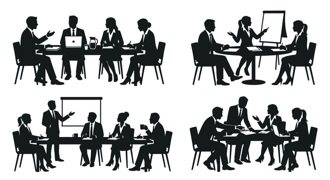 Business meeting silhouettes people around tables laptop and charts with business collaboration discussion planning strategy corporate conference agreement analysis brainstorming