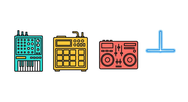 A colorful vector graphic illustration of music equipment icons including a keyboard, drum machine, boombox, and crossfader on a white background.