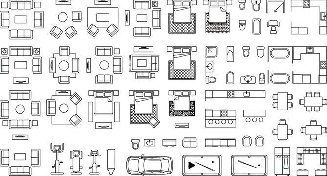 Set of furniture icons for interior design, top view, including sofas, beds, tables, chairs, kitchen units, bathroom fixtures and gym equipment