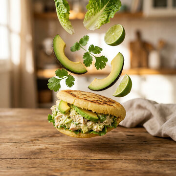 Arepa Reina Pepiada with avocado and lettuce falling into it