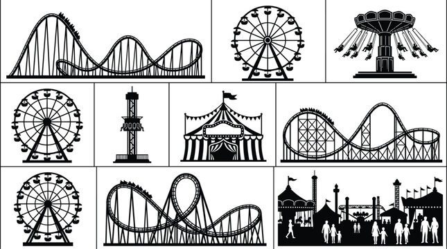 Vector set of minimalist Ferris wheel line icons and silhouettes for amusement park and carnival graphic design.eps, 