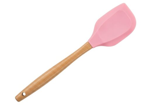 Pink silicone spatula with a wooden handle for baking and cooking