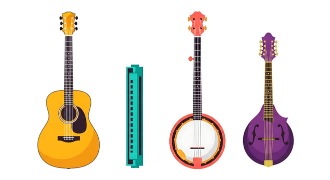 A colorful vector illustration of various musical instruments including a guitar, harmonica, banjo, and mandolin.