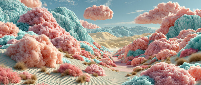 Ultra dreamy surreal landscape with cotton-candy pink sand dunes, icy turquoise mountains, soft yellow hills, cinematic lighting