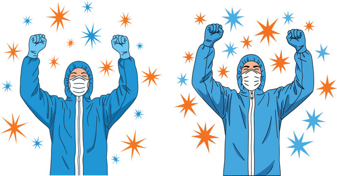 Healthcare workers in protective suits with star shaped particles vector illustration worker medical profession professionals staff personnel protection garments uniform coverall hazmat biosecurity sa