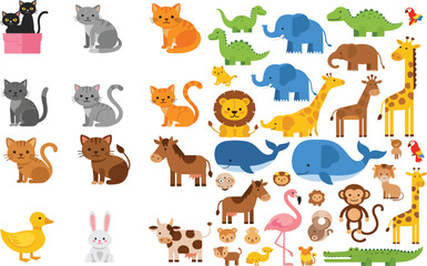 Fototapeta premium Cute cartoon animal collection vector illustration featuring cats, elephants, giraffes, whales, farm animals, and jungle wildlife character set