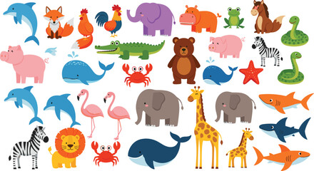 Cute wild and marine animals collection vector illustration featuring cartoon safari creatures, ocean wildlife, farm pets, and jungle character set © Momota