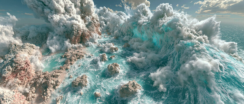 Gigantic turquoise ocean wave crashing dramatically, aerial perspective, white sea foam exploding into the air