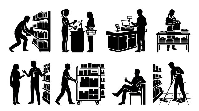 Retail workers performing tasks during shift change in store setting flat vector silhouettes