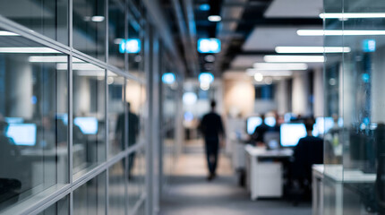 Fototapeta premium Modern office workspace with glass partitions and blurred employees collaborating indoors