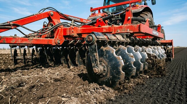Industrial red tractor disc harrow plowing field, heavy agricultural machinery cultivating soil, modern farming equipment for spring tillage