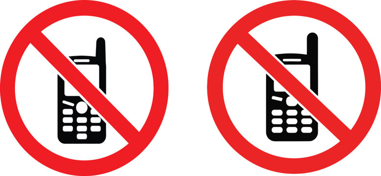 Mobile phone prohibition sign black silhouette on white background cellular telecommunication device restriction ban negative alert warning caution signal communication electronics technology digital 
