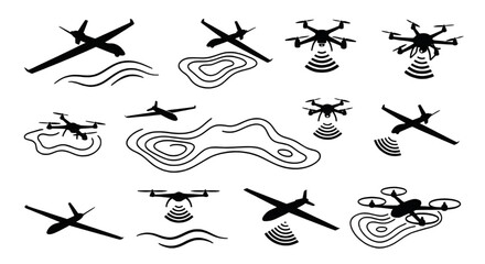 Obraz premium Drones scanning topographic contour lines aerial surveying silhouettes, Various types of drones, including quadcopters and fixed-wing UAVs, transmitting signals and scanning topographic contour lines.