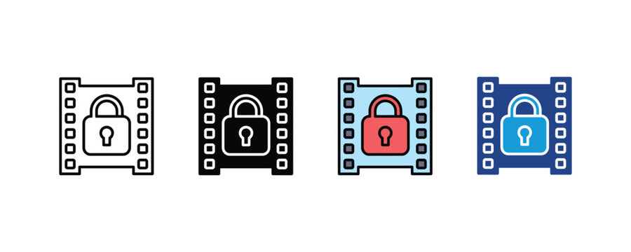 Locked video media icon set. film reel strip with padlock symbol. encrypted media, content protection, restricted video access symbol. vector illustration