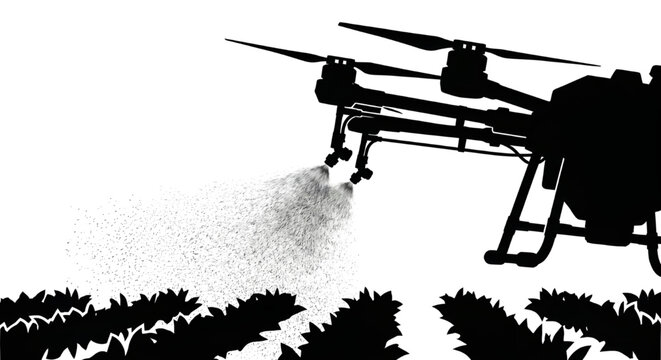 Agricultural drone spraying fertilizer on crop field silhouette, Illustration of a large agricultural drone hovering and spraying fertilizer or pesticides over a field of crops.