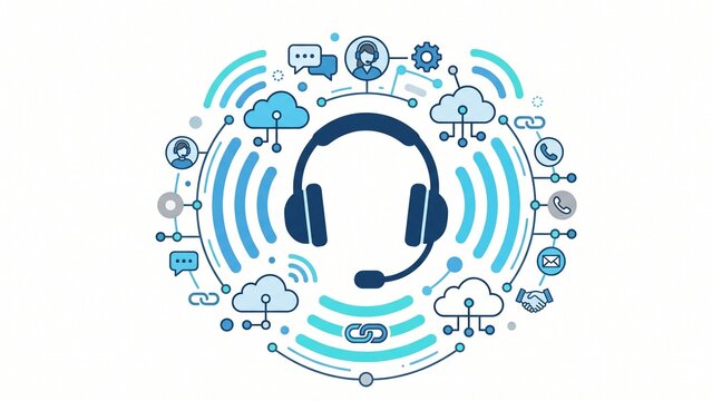 Customer support headset icon with digital communication network flat vector illustration.