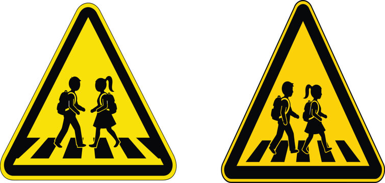 School crossing sign with children yellow and black vector illustration on white background caution warning signage students pedestrians zebra walkway traffic road street safety hazard