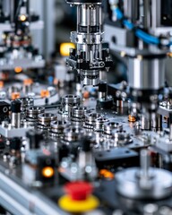 Naklejka premium Medium shot of small engine ring sets being oriented and packed by compact automated machines focusing on delicate handling and efficient production flow.