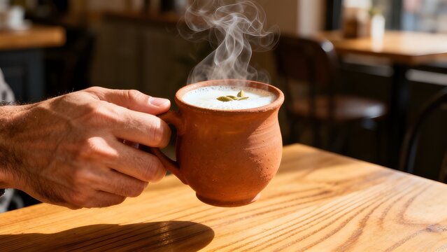 Traditional doodh chai served in clay cup held by masculine hand with rising steam